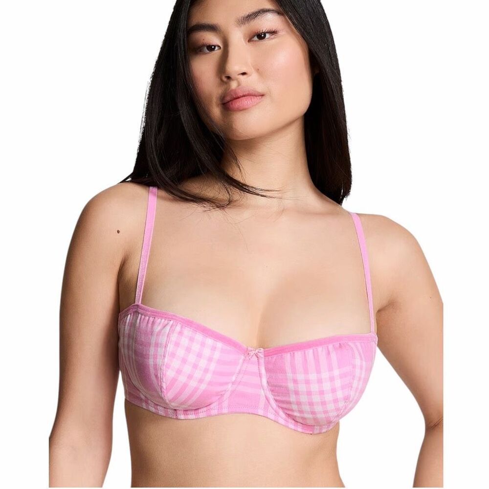 PINK VICTORIA’S SECRET Women’s Pink Plaid Flannel Unlined Balconette Bra 32DD